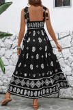 Casual Geometric Print Lace Up Patchwork Contrast Square Neck Sling Dresses