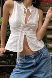 Casual Solid Color Lace Up Buttons O Neck Tops