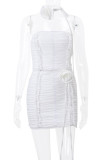 Sexy Solid Color Ruched Flowers Strapless Sleeveless Two Pieces