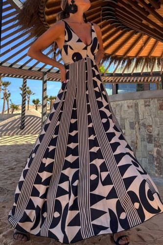 Casual Geometric Print Contrast V Neck Sling Dresses
