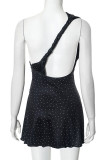 Casual Polka Dot Patchwork Backless Sloping Shoulder A Line Dresses