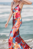 Elegant Floral Print Backless Contrast V Neck Long Dresses