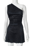 Casual Polka Dot Patchwork Backless Sloping Shoulder A Line Dresses
