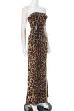 Sexy Leopard Sequins Slit Strapless Long Dresses