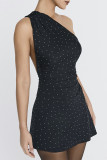 Casual Polka Dot Patchwork Backless Sloping Shoulder A Line Dresses
