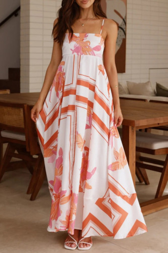 Elegant Floral Print Contrast Square Neck Sling Dresses