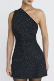 Casual Polka Dot Patchwork Backless Sloping Shoulder A Line Dresses