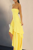 Sexy Solid Color Patchwork Flounce Strapless Irregular Dresses