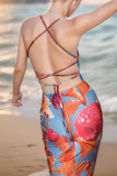 Elegant Floral Print Backless Contrast V Neck Long Dresses