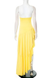 Sexy Solid Color Patchwork Flounce Strapless Irregular Dresses