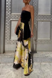Sexy Floral Print Lace Up Contrast Strapless Sleeveless Two Pieces