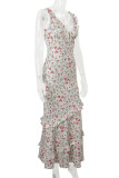 Sexy Floral Print Lace Up Flounce V Neck Long Dresses