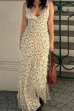 Sexy Floral Print Lace Up Flounce V Neck Long Dresses