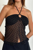 Sexy Solid Color Lace Up Mesh flocking Halter Tops