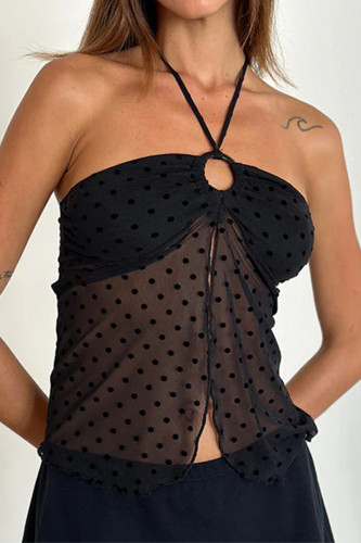Sexy Solid Color Lace Up Mesh flocking Halter Tops