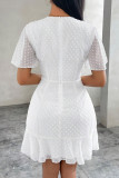 Elegant Solid Color Flounce O Neck A Line Short Sleeve Dress