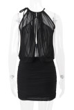 Sexy Solid Color Mesh Halter Wrapped Skirt Dresses