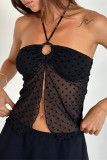Sexy Solid Color Lace Up Mesh flocking Halter Tops