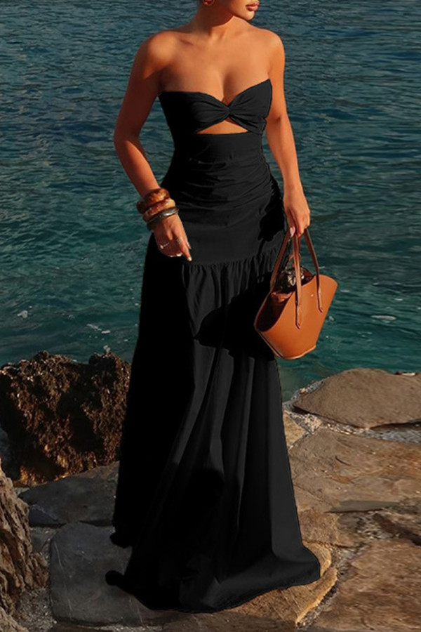 Sexy Solid Color Ruched Strapless Long Dresses