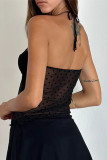 Sexy Solid Color Lace Up Mesh flocking Halter Tops