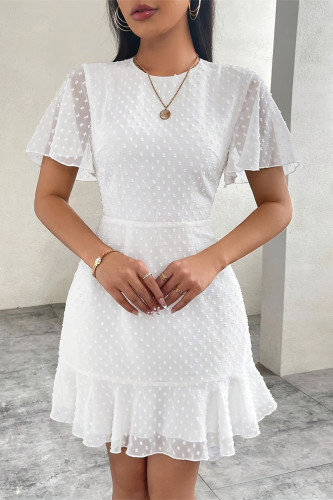 Elegant Solid Color Flounce O Neck A Line Short Sleeve Dress