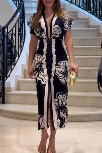 Casual Floral Print Slit V Neck Printed Dresses