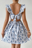 Elegant Floral Print Ruffle Square Neck A Line Dresses