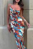 Sexy Irregular Printed Contrast U Neck Long Dresses