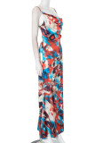 Sexy Irregular Printed Contrast U Neck Long Dresses
