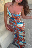 Sexy Irregular Printed Contrast U Neck Long Dresses