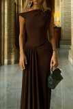 Vacation Solid Color Irregular Pleated Oblique Collar Long Dresses