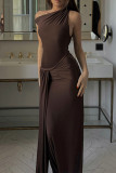 Vacation Solid Color Irregular Pleated Oblique Collar Long Dresses