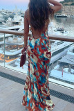 Sexy Irregular Printed Contrast U Neck Long Dresses