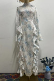 Elegant Floral Print Flounce Half A Turtleneck Long Dresses