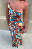 Sexy Irregular Printed Contrast U Neck Long Dresses