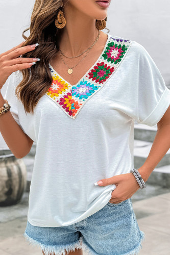 Casual Flowers Weave V Neck T-Shirts