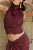 Sexy Solid Color Lace Up Backless Ruched Halter Tops