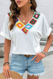 Casual Flowers Weave V Neck T-Shirts