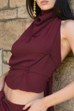 Sexy Solid Color Lace Up Backless Ruched Halter Tops