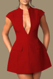 Sexy Solid Color Patchwork V Neck Waist Skirt Dresses
