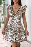 Sexy Skull Head Leopard Print Flounce V Neck Printed Dresses