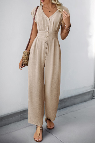 Casual Solid Color Buckle V Neck Loose Jumpsuits