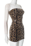 Sexy Leopard Sequins Patchwork Strapless Wrapped Skirt Dresses
