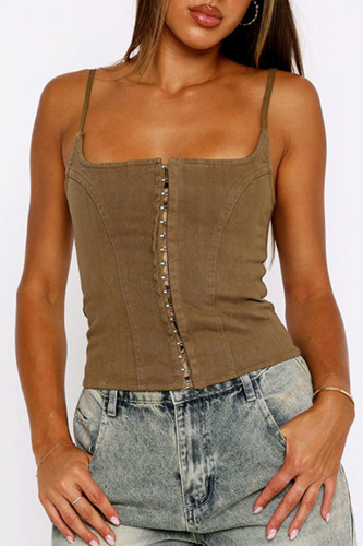 Sexy Solid Color Buckle Square Neck Tops