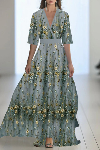 Casual Floral Print Contrast V Neck A Line Dresses
