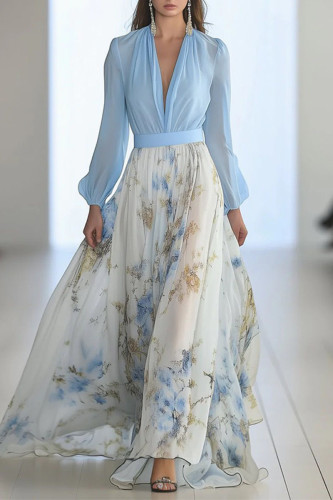 Elegant Floral Print With Belt V Neck Long Dresses