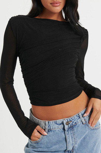 Casual Solid Color See-Through Mesh O Neck Tops