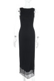 Sexy Solid Color Backless Slit O Neck Sleeveless Dresses