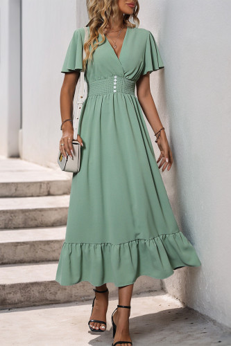 Daily Solid Color Buttons Flounce V Neck A Line Short Sleeve Dress