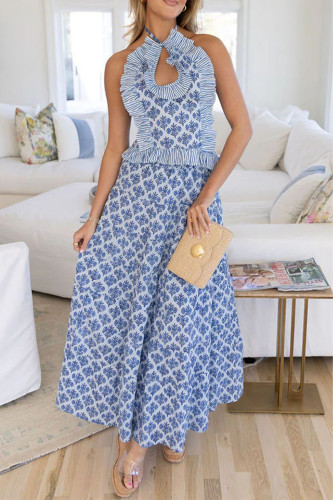 Casual Floral Print Lace Up Flounce Halter Sleeveless Two Pieces